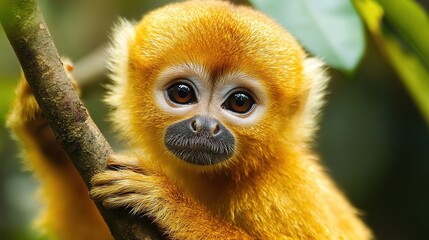 Obraz premium Realistic illustration of a monkey sitting in a tree, surrounded by lush greenery, capturing the essence of wildlife and nature in a serene jungle setting.