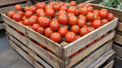 Fresh red tomatoes in a wooden crate at a market.