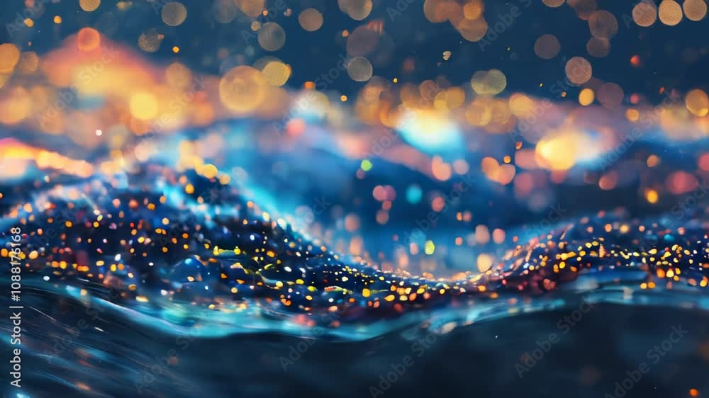 Poster abstract waves of light with floating orange and blue particles, creating a dynamic and ethereal vis