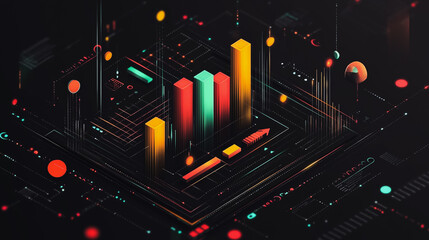 Fototapeta premium Abstract black background with 3D Colorful charts and graphs with statistics to innovative analyze business potential and forecast future development of companies growth.