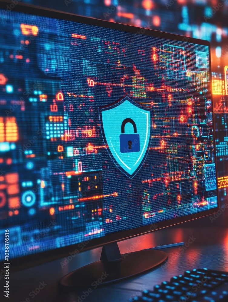 Aufkleber The monitor shows a shield and lock icon against a vibrant digital backdrop, emphasizing the importance of online security and protection. Generative AI
