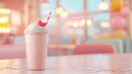 valentine date night sweetness concept, A delicious pink milkshake topped with whipped cream and a cherry, set in a vibrant, pastel-themed cafe.