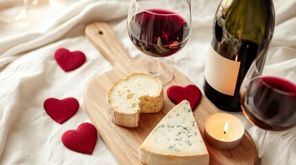 valentine date night sweetness concept, A romantic setup featuring red wine, assorted cheeses on a wooden board, and heart-shaped decorations, perfect for a cozy evening.