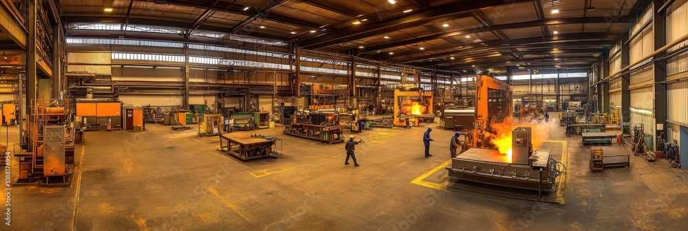 Poster in a large industrial workshop, several workers are actively engaged in welding as sparks fly around