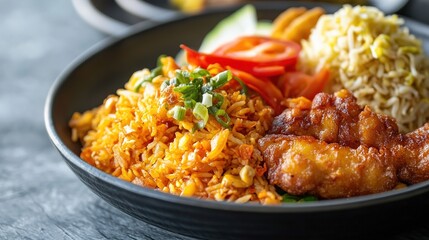 Fototapeta premium Enjoying Steamed Hot Rice with Fast-Fried Fish and Crispy Fried Temper Topped with Spicy Chili and Onions. A Flavorful and Savory Meal Perfect for Lovers of Bold Flavors.