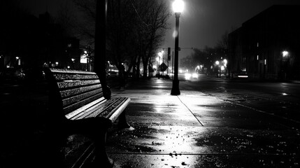 A deserted street corner, the only sound the distant hum of traffic, as an empty bench beneath a flickering streetlamp makes me feel isolated and alone