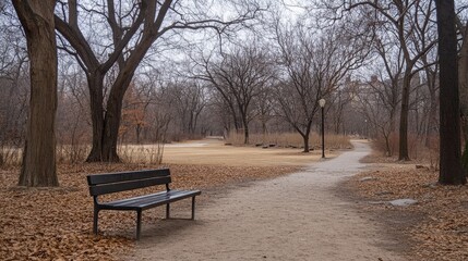 A desolate park bench under a gray sky, surrounded by barren trees and empty paths,