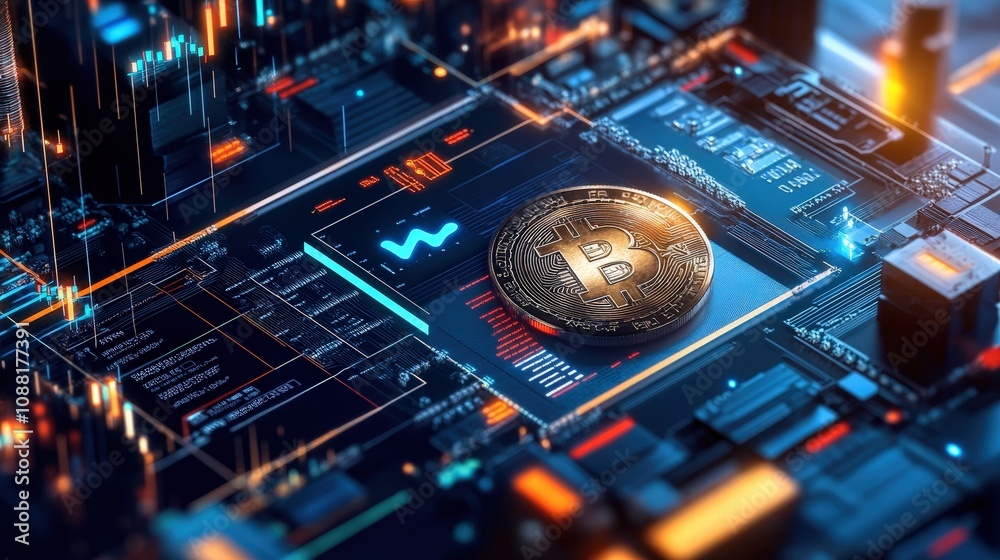 Poster a detailed image of bitcoin mining equipment with graphical stats, illustrating the computational po