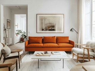 Modern Living Room with Orange Sofa and White Accents
