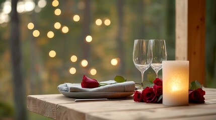 valentine date night sweetness concept, A romantic outdoor setting featuring a candle, roses, sparkling glasses, and soft lighting among trees, perfect for a special evening.