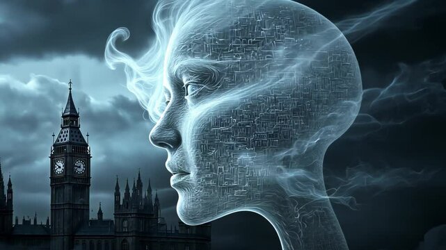 Gothic clocktower cityscape beneath turbulent storm clouds. Massive ethereal wraith face emerges from swirling temporal vortex. 