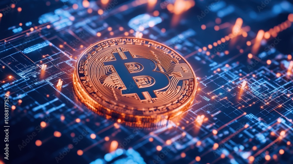 Poster a digital bitcoin icon within a web of blockchain connections, representing the decentralized networ