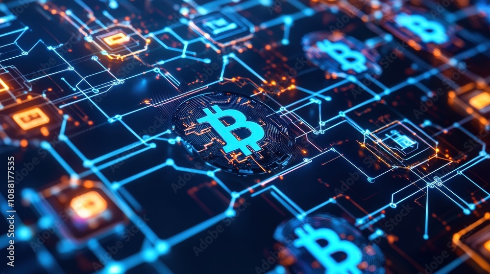 Poster a digital bitcoin icon within a web of blockchain connections, representing the decentralized networ