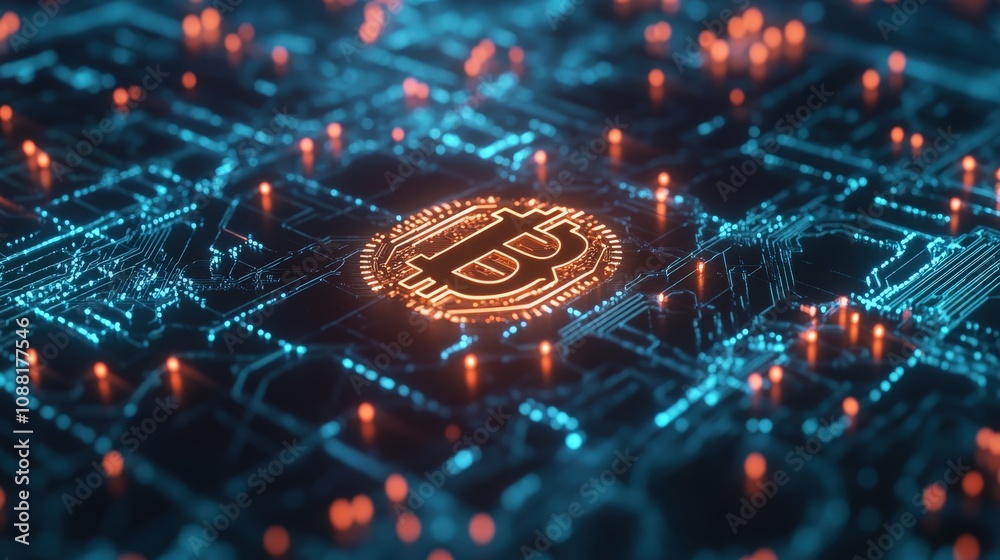 Poster a digital bitcoin icon within a web of blockchain connections, representing the decentralized networ