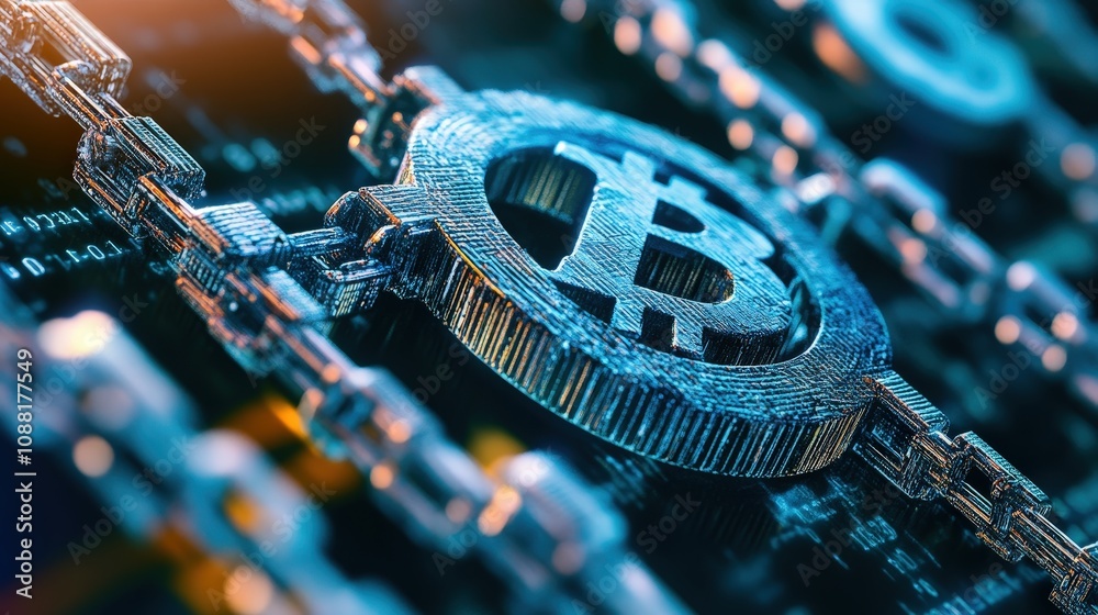 Poster a digital bitcoin icon within a web of blockchain connections, representing the decentralized networ