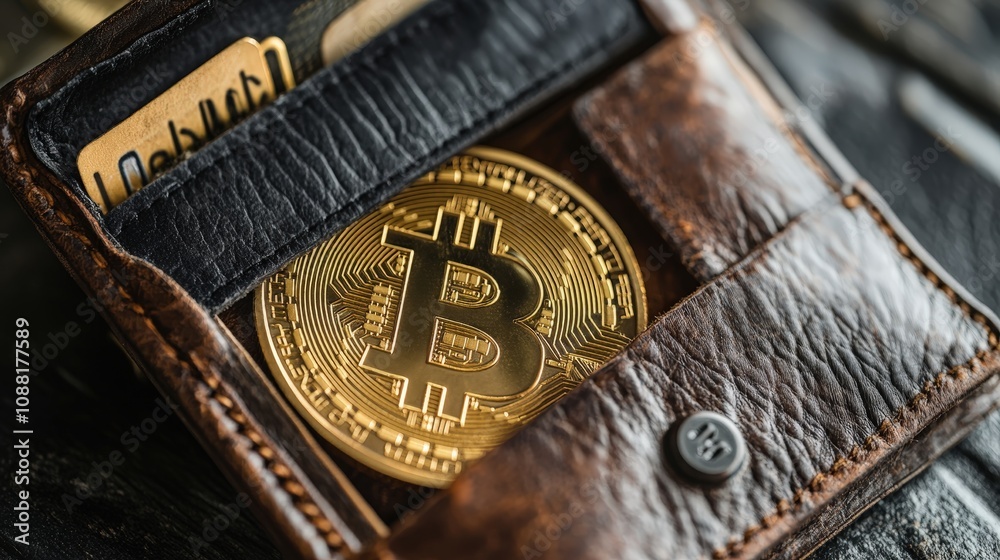 Poster a digital bitcoin wallet with a user-friendly interface displaying balance, transactions, and a bitc