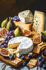 Rustic Cheese Board with Brie, Cheddar, and Blue Cheese, Surrounded by Crackers and Figs.