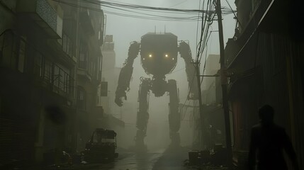 Massive AI Robot Towering Over Abandoned City Streets in Foggy, Dim Light