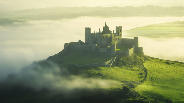 Ancient stone castle perched on a hilltop, surrounded by fog and rolling green fields.