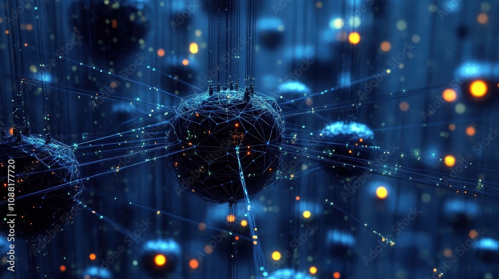 Poster a digital landscape of interconnected nodes representing ai learning, each connection building towar