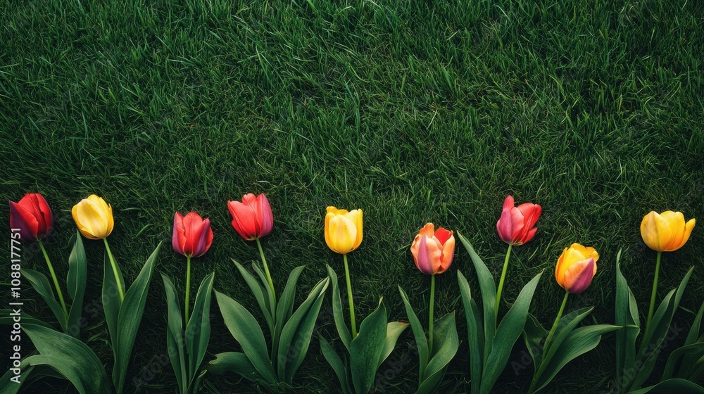 Poster a lush green meadow features a row of tulips displaying vibrant colors under clear blue skies, creat