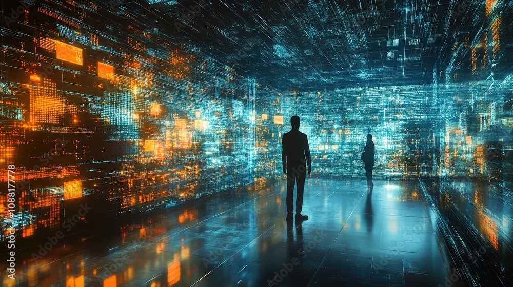 Poster a digital representation of ai evolving with each training phase, as algorithms analyze, learn, and 