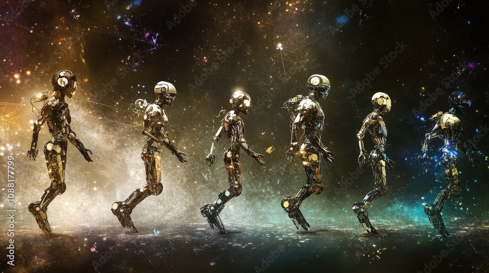 Poster a digital representation of ai evolving with each training phase, as algorithms analyze, learn, and 