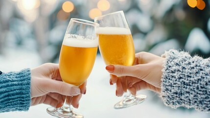 valentine date night sweetness concept, Two hands clink champagne glasses filled with golden bubbly in a snowy setting, celebrating a joyful moment.