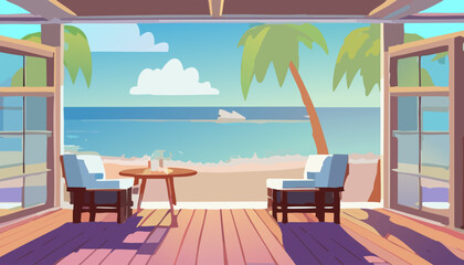 Terrace on the beach. Vector illustration in cartoon style.