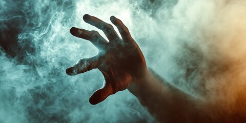 Obraz premium Hand reaching through smoke. Concept of mystery, suspense, and the unknown.