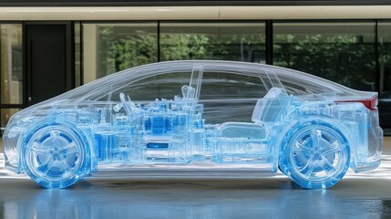 A family-friendly water-powered sedan with transparent body panels showcasing its clean, water-based fuel system