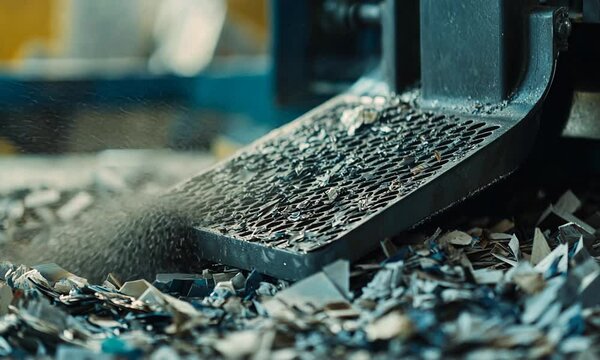 Detailed view of industrial machinery processing waste materials in a factory setting, showcasing the intricate components and surrounding debris in vivid colors