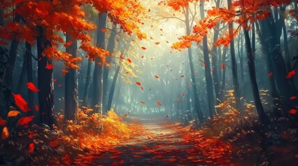 A forest path covered in autumn leaves, with cool, fresh air signaling the change of season.