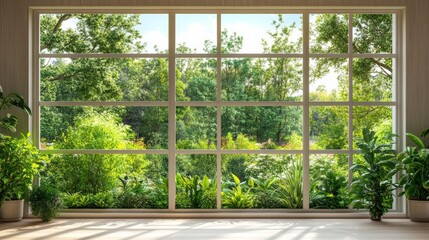 Nature View From a Cozy Home Window Showcasing a Lush Green Garden Landscape. Generative AI