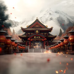 Fototapeta premium Magnificent Traditional Chinese Temple Adorned for Lunar New Year Festivities