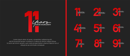 set of anniversary logo flat red color on black background for celebration moment