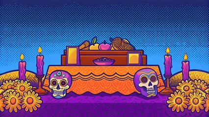 Obraz premium Colorful dia de los muertos altar with skulls and candles at dusk