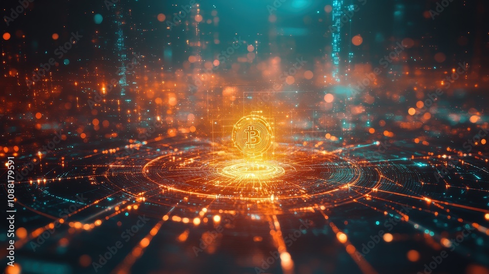 Poster a futuristic digital network with a glowing bitcoin symbol in the center, representing the vast, dec