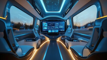 A futuristic eco-friendly van powered by water, with large digital displays, wide windows, and spacious seating,