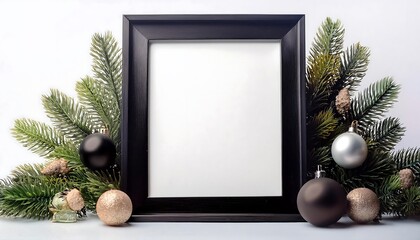Empty white frame mockup surrounded by Christmas decorations and greenery for festive display inspiration. Generative AI