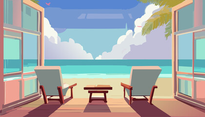 Beach cafe terrace with chairs and table vector cartoon illustration.