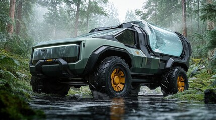 Obraz premium A futuristic water-powered pickup truck with a clear water tank in the back and advanced suspension, built for eco-friendly cargo transport with a touch of rugged charm