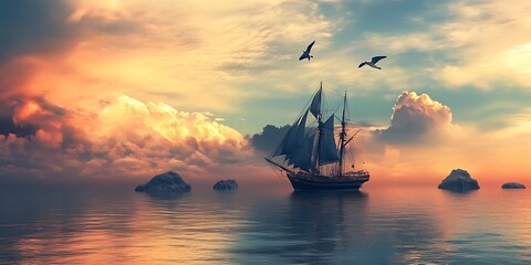 Fototapeta premium Sailing ship at sunset, ocean landscape
