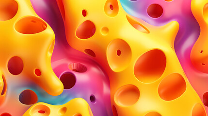 Vibrant Abstract Cheese Shapes with Holes, Modern Color Arrangement.