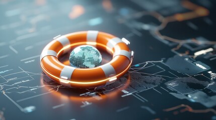 Global rescue, digital world, life preserver protecting earth.
