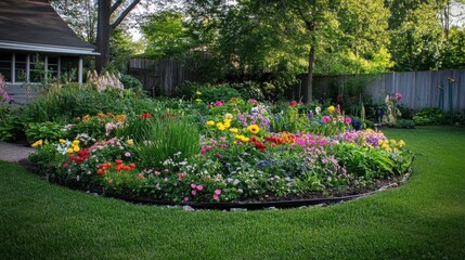 Fototapeta premium A garden bed with blooming flowers of various colors growing in spring, creating a vibrant and lively display of natural beauty