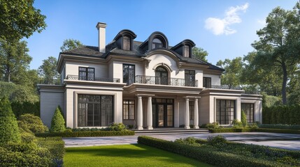 Obraz premium Elegant Luxury Home Showcasing New Construction With Stunning Architectural Details and Landscaping. Generative AI