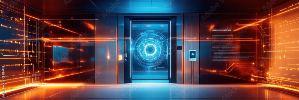 Poster the entrance showcases cutting-edge technology, including a fingerprint scanner and motion sensors, 