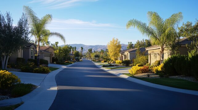 Serene Morning View of Oasis Community in Menifee, California With Palm Trees and Mountains. Generative AI