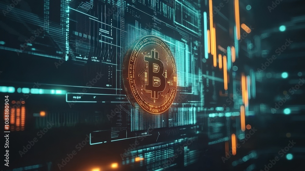 Poster a glowing bitcoin coin with financial data graphs and blockchain nodes, showcasing bitcoin as an inv